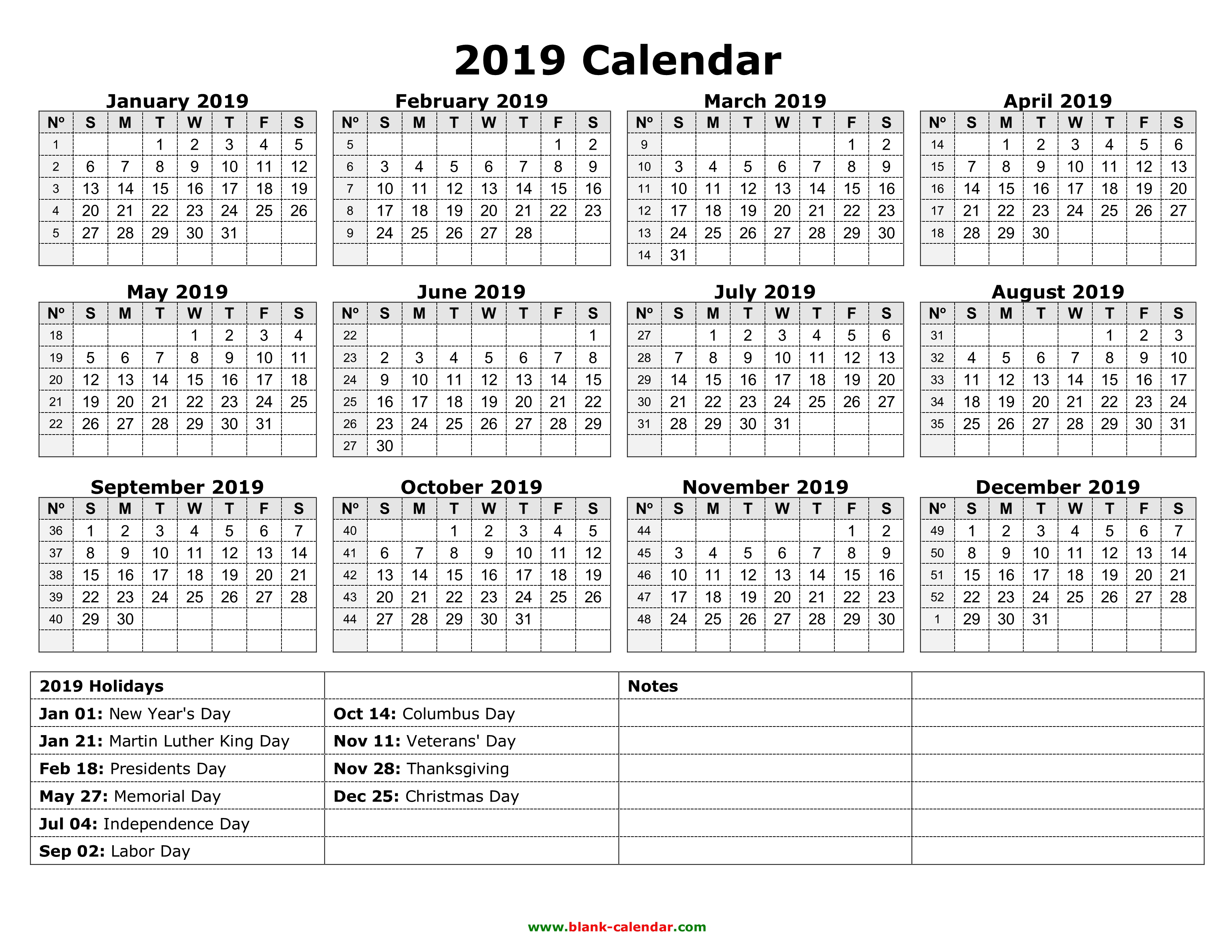 calendar 2019 to print pdf