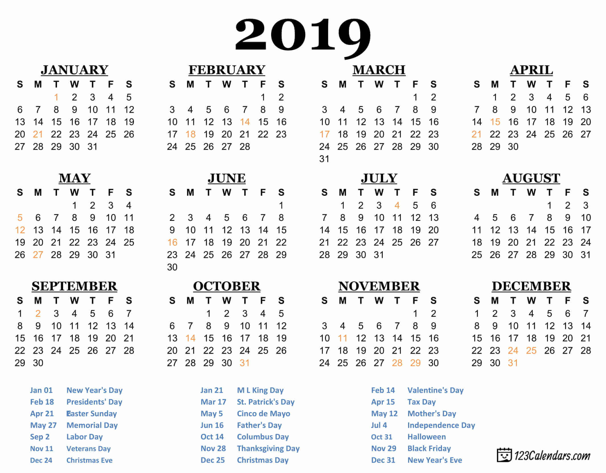 calendar 2019 to print pdf